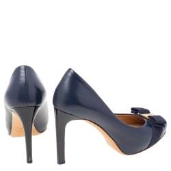 Pre Owned Salvatore Ferragamo Navy Blue Leather Pimpa Vara Bow Pumps Size 35.5