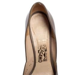 Salvatore Ferragamo Dark Beige Leather Vara Bow Peep Toe Pumps Size 38