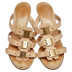 Salvatore Ferragamo Beige Leather Slide Sandals Size 38.5