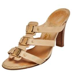 Salvatore Ferragamo Beige Leather Slide Sandals Size 38.5