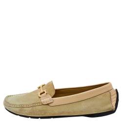 Salvatore Ferragamo Green/Beige Suede And Leather Gancini Bit Slip On Loafers Size 39.5