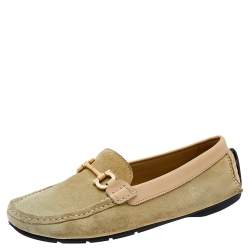 Salvatore Ferragamo Green/Beige Suede And Leather Gancini Bit Slip On Loafers Size 39.5