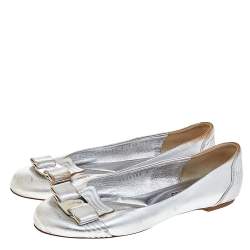 Salvatore Ferragamo Silver Leather Vara Bow Ballet Flats 37.5