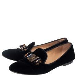 Pre Owned Salvatore Ferragamo Black Velvet Bow Detail Smoking Slippers Size 38.5
