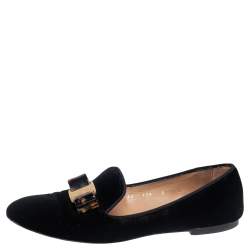Pre Owned Salvatore Ferragamo Black Velvet Bow Detail Smoking Slippers Size 38.5