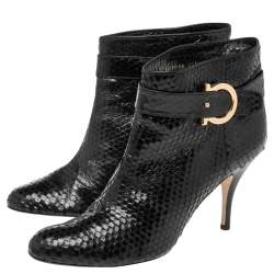 Pre Owned Salvatore Ferragamo Black Python Embossed Leather Ankle Boots Size 41.5
