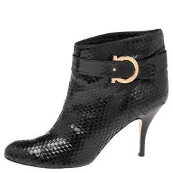 Pre Owned Salvatore Ferragamo Black Python Embossed Leather Ankle Boots Size 41.5