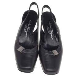 Pre Owned Salvatore Ferragamo Black Leather Square Toe Slingback Pumps Size 38.5