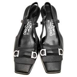 Pre Owned Salvatore Ferragamo Black Saffiano Leather Buckle Detail Slingback Sandals Size 36.5