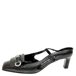 Pre Owned Salvatore Ferragamo Black Saffiano Leather Buckle Detail Slingback Sandals Size 36.5