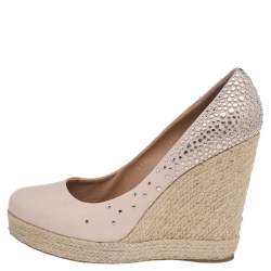 Pre Owned Salvatore Ferragamo Beige Embellished Leather Wedge Espadrille Pumps Size 38
