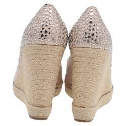 Pre Owned Salvatore Ferragamo Beige Embellished Leather Wedge Espadrille Pumps Size 38