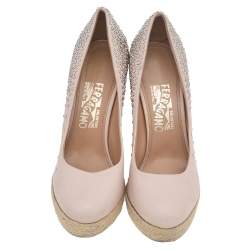Pre Owned Salvatore Ferragamo Beige Embellished Leather Wedge Espadrille Pumps Size 38