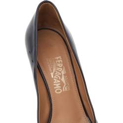 Pre Owned Salvatore Ferragamo Navy Blue Patent Leather Vara Bow Peep Toe Pumps Size 40
