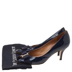 Pre Owned Salvatore Ferragamo Navy Blue Patent Leather Vara Bow Peep Toe Pumps Size 40