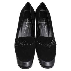 Pre Owned Salvatore Ferragamo Black Leather And Suede Bow Pumps Size 38.5