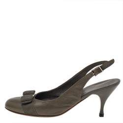 Salvatore Ferragamo Grey Leather Vara Bow Slingback Pumps Size 37