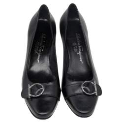 Pre Owned حذاء كعب عالى سالفاتورى فيراغامو كعب عريض إبزيم غانشى جلد أسود مقاس 38.5