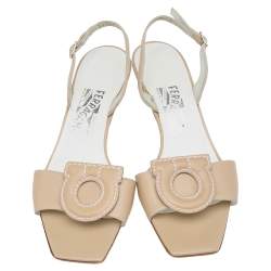 Pre Owned Salvatore Ferragamo Beige Block Heel Slingback Sandals Size 38.5