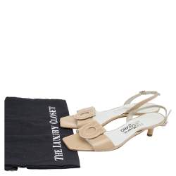 Pre Owned Salvatore Ferragamo Beige Block Heel Slingback Sandals Size 38.5
