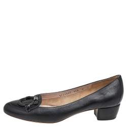 Pre Owned Salvatore Ferragamo Black Leather Block Heel Pumps Size 38.5