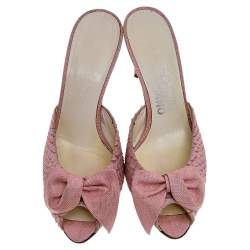 Salvatore Ferragamo Pink Snakeskin Embossed Leather And Raffia Bow Peep Toe Slide Sandals Size 37