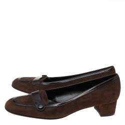 Salvatore Ferragamo Dark Brown Suede And Patent Leather Block Heel Pumps Size 38.5