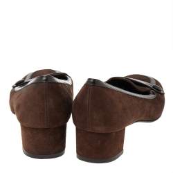 Salvatore Ferragamo Dark Brown Suede And Patent Leather Block Heel Pumps Size 38.5