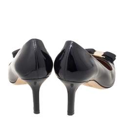 مملوكة مسبقًا حذاء كعب عالي سالفاتوري فيراغامو جلد لامع أسود مزين فيونكة فارا مقاس 38