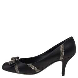 Salvatore Ferragamo Black Satin Crystal Embellished Vara Bow Pumps Size 38