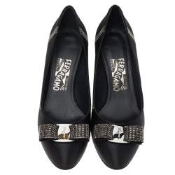 Salvatore Ferragamo Black Satin Crystal Embellished Vara Bow Pumps Size 38