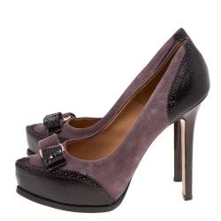 Salvatore Ferragamo Purple/Brown Leather And Suede Vara Bow Pumps Size 40.5