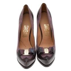 Salvatore Ferragamo Purple/Brown Leather And Suede Vara Bow Pumps Size 40.5