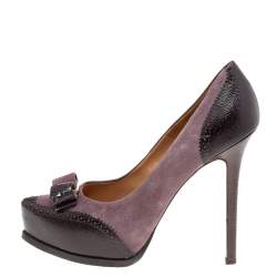 Salvatore Ferragamo Purple/Brown Leather And Suede Vara Bow Pumps Size 40.5