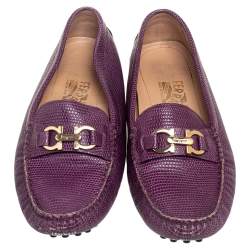 Salvatore Ferragamo Purple Lizard Embossed  Leather Gancini Bit Loafers Size 36