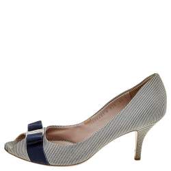 Salvatore Ferragamo Blue/White Canvas Vara Bow Peep Toe Pumps Size 39