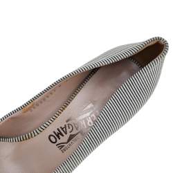 Salvatore Ferragamo Blue/White Canvas Vara Bow Peep Toe Pumps Size 39