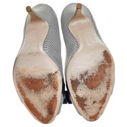 Salvatore Ferragamo Blue/White Canvas Vara Bow Peep Toe Pumps Size 39