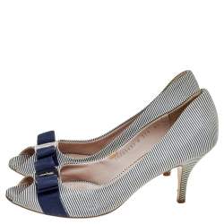 Salvatore Ferragamo Blue/White Canvas Vara Bow Peep Toe Pumps Size 39