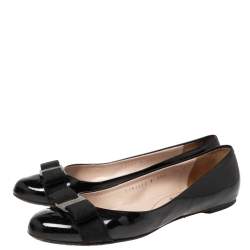 Pre Owned Salvatore Ferragamo Black Patent Leather Vara Bow Ballet Flats Size 38