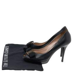 Salvatore Ferragamo Black Leather Vara Bow Peep Toe Pumps Size 36.5