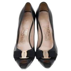 Salvatore Ferragamo Black Leather Vara Bow Peep Toe Pumps Size 36.5