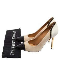 Pre Owned حذاء كعب عالي سالفاتوري فيراغامو جلد نقشة السحلية وسويدي ثلاثي اللون مقدمة سوداء مدببة مقاس 37.5