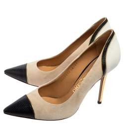 Pre Owned حذاء كعب عالي سالفاتوري فيراغامو جلد نقشة السحلية وسويدي ثلاثي اللون مقدمة سوداء مدببة مقاس 37.5