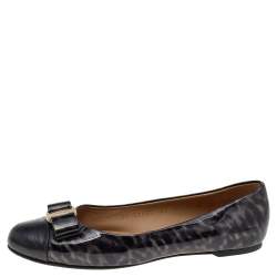Salvatore Ferragamo Two Tone Patent Leather And Lizard Embossed Leather Cap Toe Vara Bow Ballet Flats Size 37.5