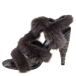 Salvatore Ferragamo Grey Mink Fur and Leather Trim High-Heel Sandals Size 37