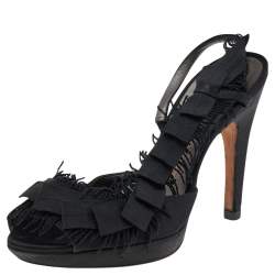 Pre Owned Salvatore Ferragamo Black Satin And Fabric Platform Slingback Sandals Size 37.5