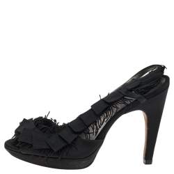 Pre Owned Salvatore Ferragamo Black Satin And Fabric Platform Slingback Sandals Size 37.5