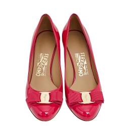 Pre Owned Salvatore Ferragamo Pink Patent Leather Carla Vara Bow Pumps Size 36.5