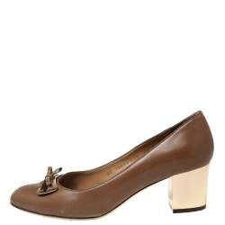 Pre Owned Salvatore Ferragamo Brown Leather Bow Block Heel Pumps Size 38